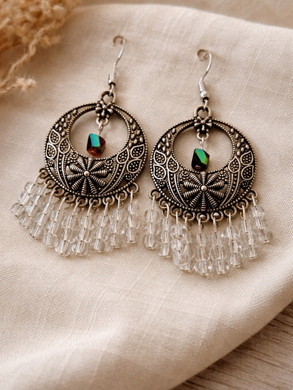 Bohemian Silver-Tone Filigree Hoop Earrings with Clear Bead Fringe